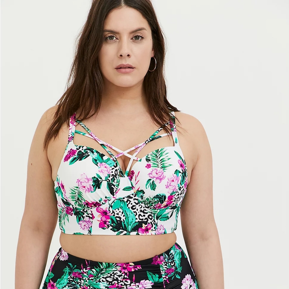 WHITE TROPICAL LEOPARD LATTICE PUSH-UP UNDERWIRE BALCONETTE BIKINI TOP